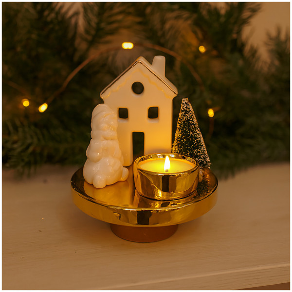 Teelichthalter mit Haus, Schneemann und Baum