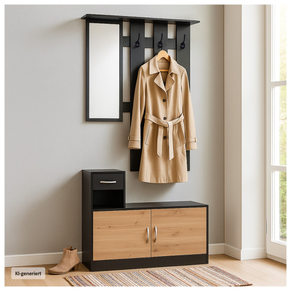 Garderobenpaneel mit Spiegel und Schuhschrank Schwarz-Artisaneiche