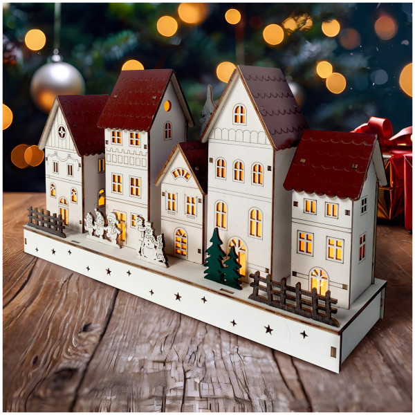 HTI-Living Batteriebetrieben LED Holz Weihnachtsdorf mit Wintermotiv