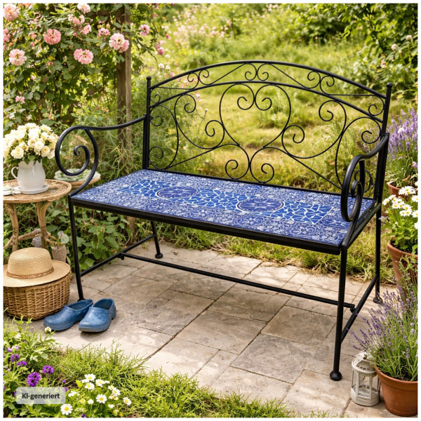 Gartenbank Marocco blau Motivdruck/schwarz Metall