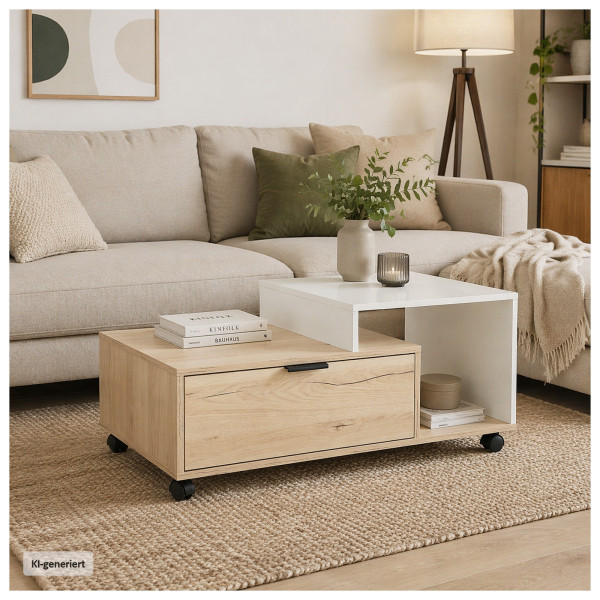 Couchtisch mit Rollen Cedrik artisan-weiß