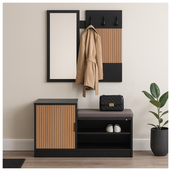 HTI-Living Dana Schwarz-Eiche mit Streifen Garderobenpaneel mit Spiegel und Schuhbank