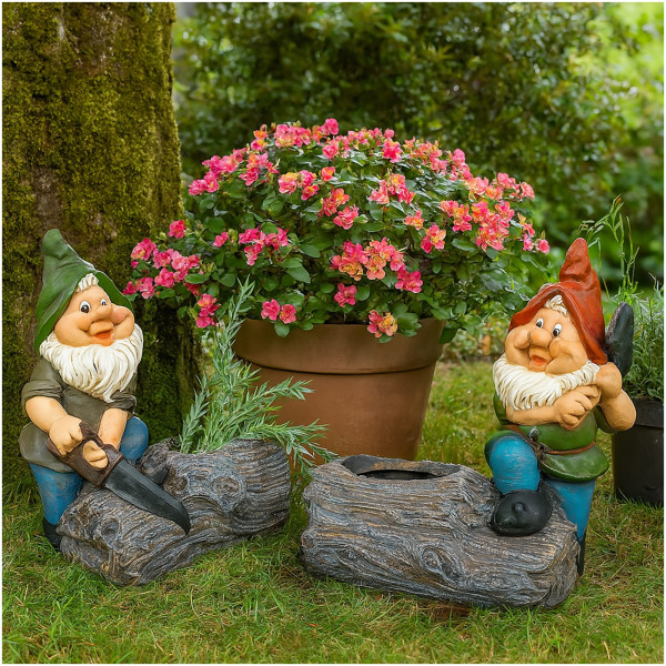 Formano 2er Set Gartenfigur Zwerg mit Pflanztopf