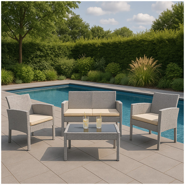 HTI-Living Gartenmöbel Set Zita Grau 4-teiliges Polyrattan Lounge-Set mit Tisch