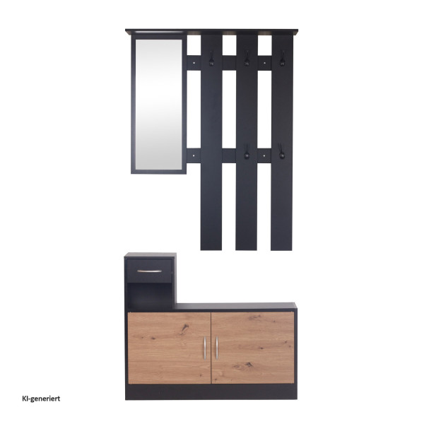 Garderobenpaneel mit Spiegel und Schuhschrank Schwarz-Baumscheibe