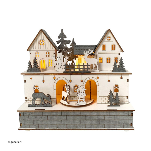Weihnachtshaus mit beweglichen Figuren Weiß Grau