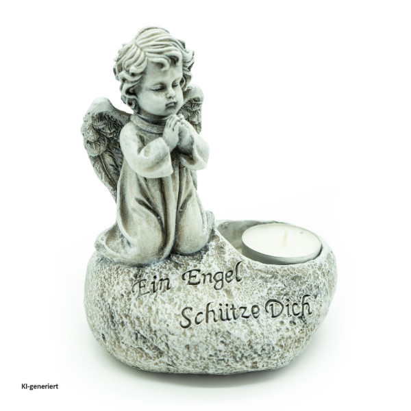 Trauerengel mit Kerzenhalter, Polyresin, grau LBH