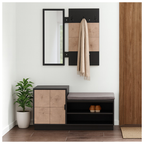 HTI-Living Dana Schwarz-Baumscheibe Garderobenpaneel mit Spiegel und Schuhbank
