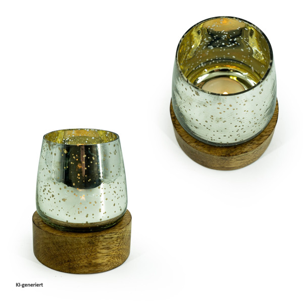 Kerzenhalter auf Mangoschale S, Mangoholz/Glas 2er