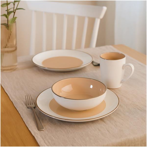 neuetischkultur Metallicrand Cremeweiß Hellbraun Kombiservice 16-teilig